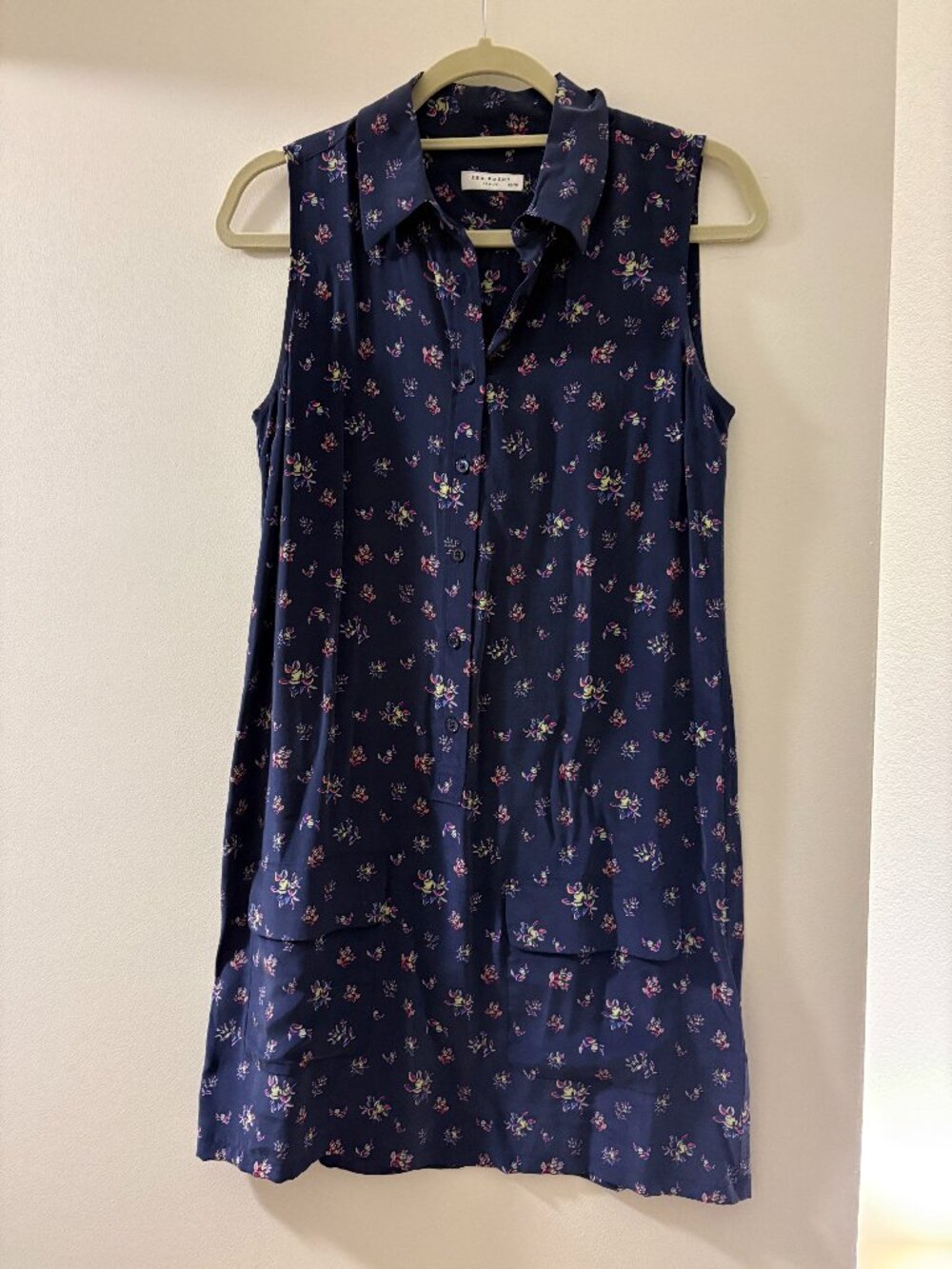 Equipment Navy Floral Silk Collared Tank Top Dress XS